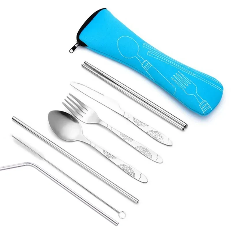 Juego de cubiertos de acero inoxidable de viaje, con cuchillo, tenedor, cuchara y palillos, juego de pajitas de siete piezas.