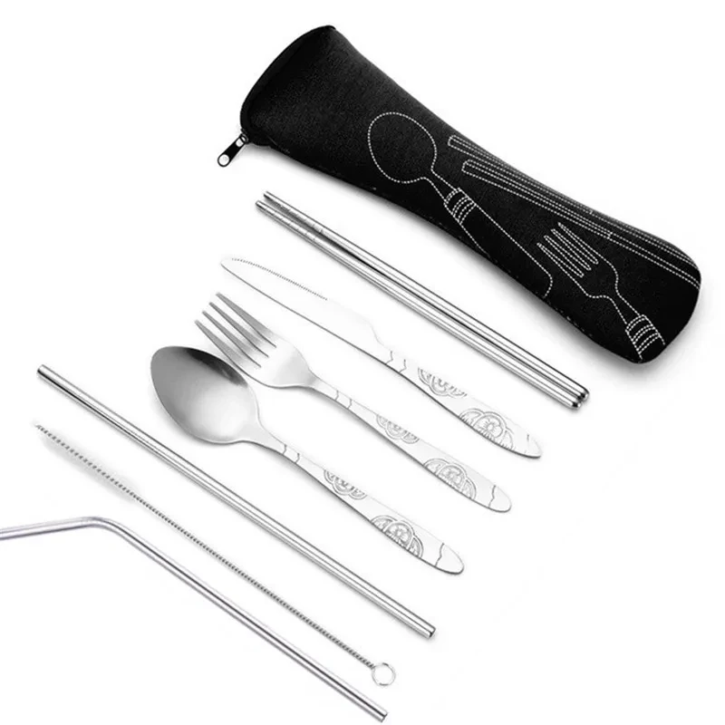 Juego de cubiertos de acero inoxidable de viaje, con cuchillo, tenedor, cuchara y palillos, juego de pajitas de siete piezas.