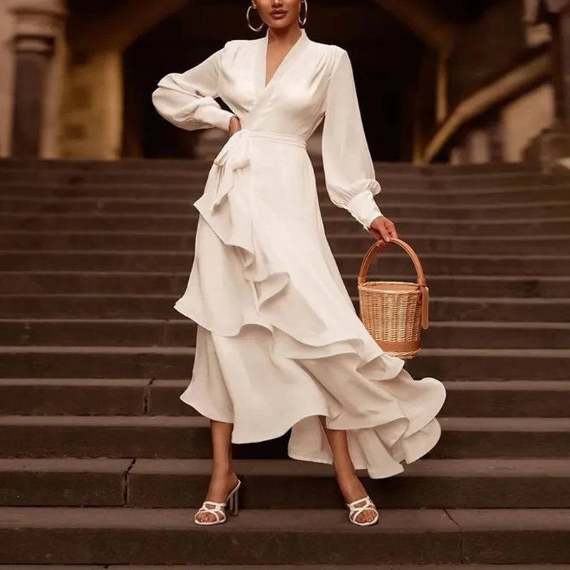 Vestido de fiesta con escote en V, manga larga con volantes, elegante, de satén blanco, en capas, informal