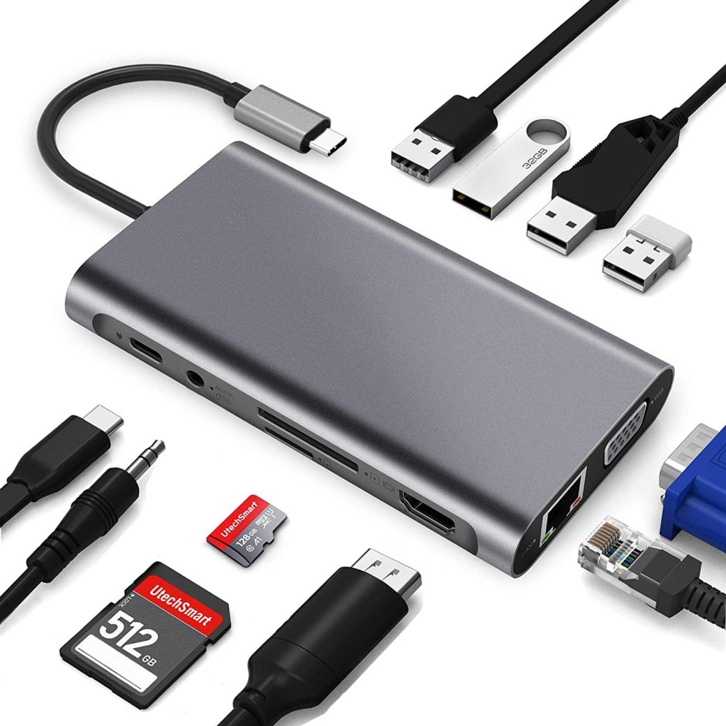 Estación de acoplamiento tipo C 11 en 1 con tarjeta de red HDMI y convertidor todo en uno