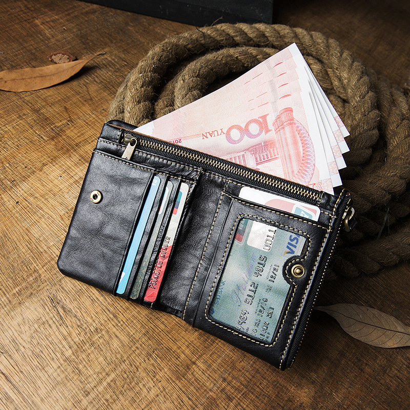 Cartera corta informal vertical de cuero genuino con cremallera para hombre