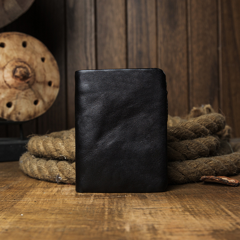 Cartera corta informal vertical de cuero genuino con cremallera para hombre
