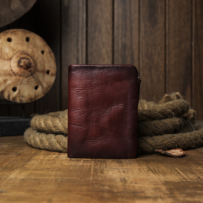 Cartera corta informal vertical de cuero genuino con cremallera para hombre