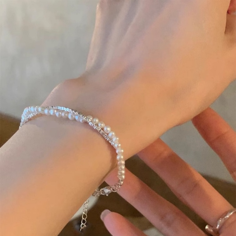 Pulsera de plata de ley S925 con perlas barrocas naturales y pequeñas piezas de plata de doble capa
