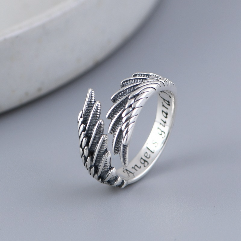 Anillo abierto con alas de pluma de plata S925 para hombre y mujer
