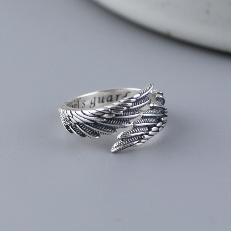 Anillo abierto con alas de pluma de plata S925 para hombre y mujer