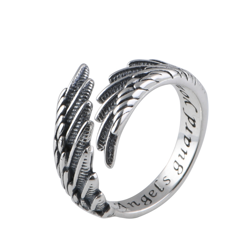 Anillo abierto con alas de pluma de plata S925 para hombre y mujer