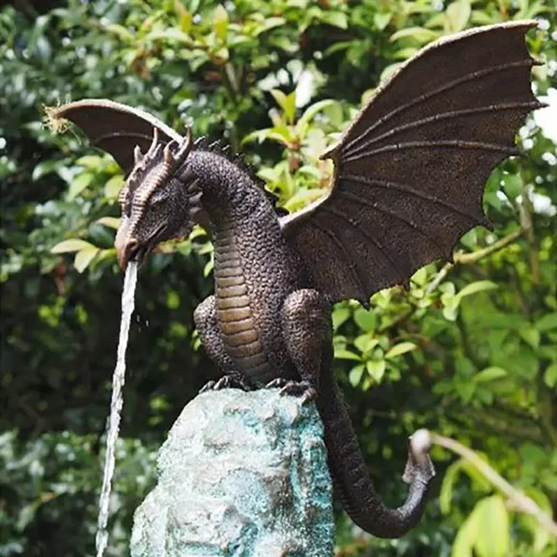 Escultura de dinosaurio de simulación de dragón con rociador de agua de resina, adornos para decoración de jardín
