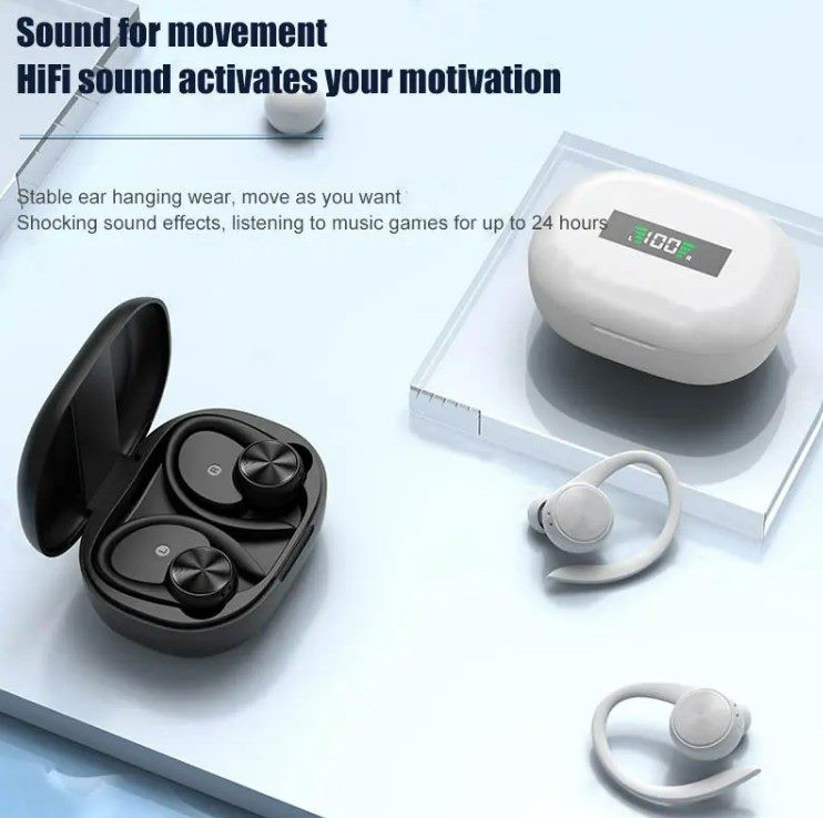 Auriculares TWS con gancho para la oreja. Sonido Hi-Fi, color negro.