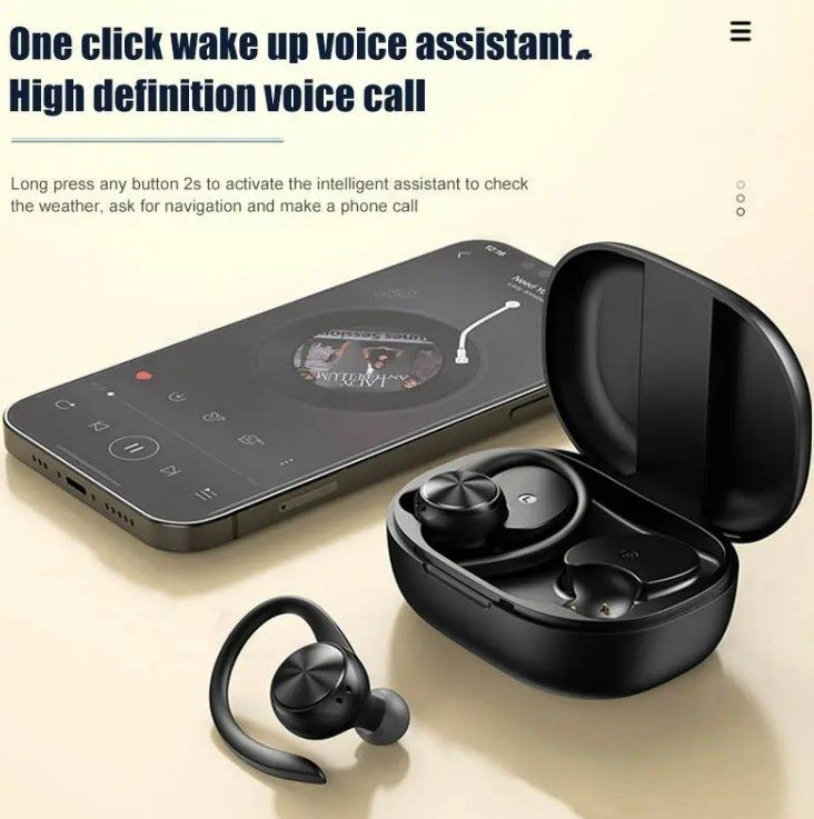 Auriculares TWS con gancho para la oreja. Sonido Hi-Fi, color negro.