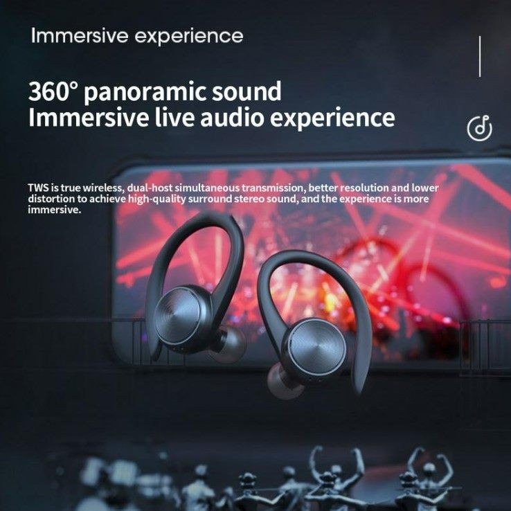 Auriculares TWS con gancho para la oreja. Sonido Hi-Fi, color negro.