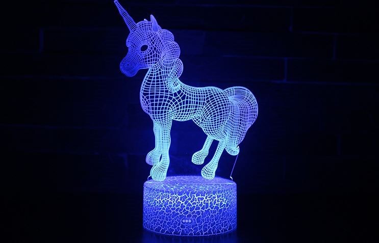 Lámpara de noche 3D de unicornio con luz LED, alimentación por USB, 7 colores cambiables