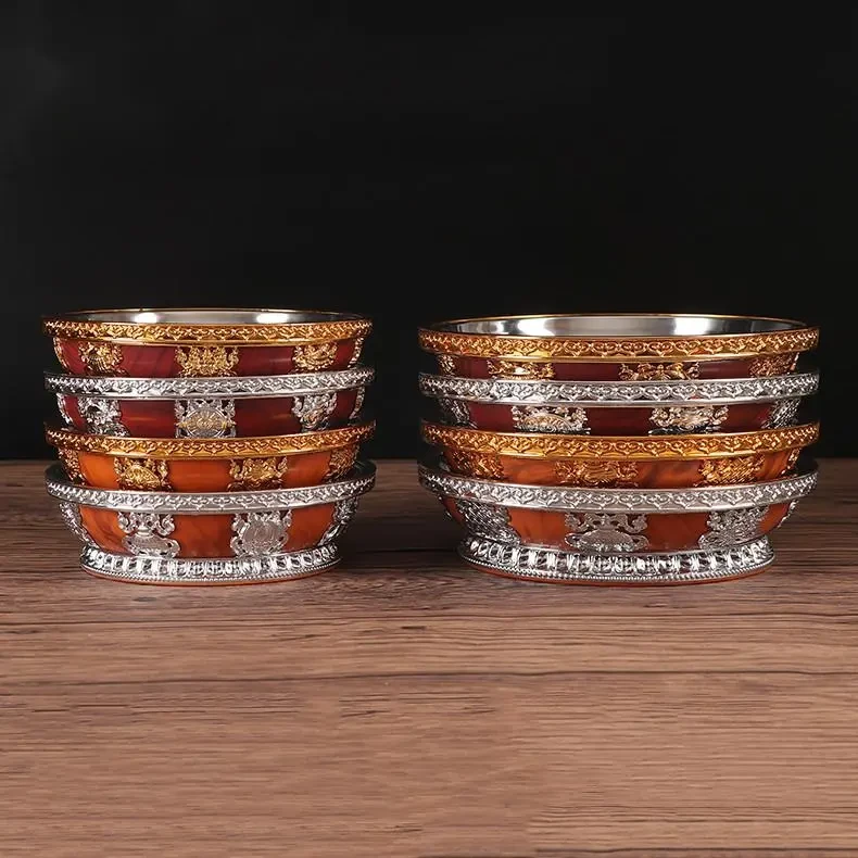 Plato de homenaje de fruta budista tibetano con revestimiento interior de acero inoxidable para Buda