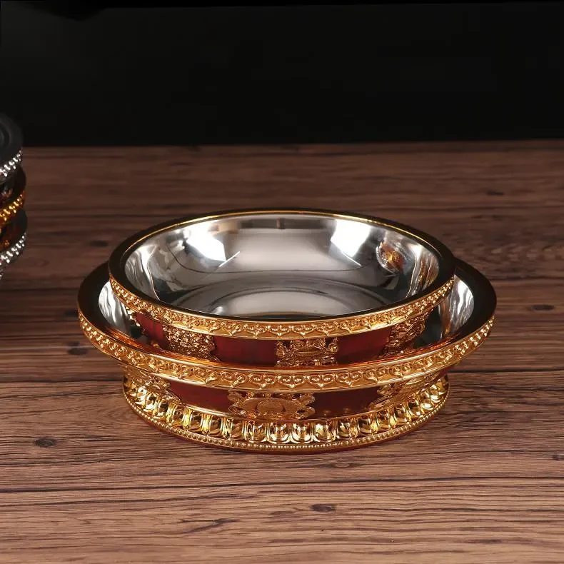 Plato de homenaje de fruta budista tibetano con revestimiento interior de acero inoxidable para Buda