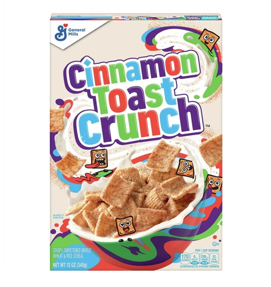 GM Cinnamon Toast Crunch Cereal 12 x 12 oz / 340g Description GM Cinnamon Toast Crunch Cereal 12 x 12 oz / 340g is the perfect combination of crunchy, cinnamon-coated squares that deliver a burst of sweet, spicy flavour with every bite. This beloved cere