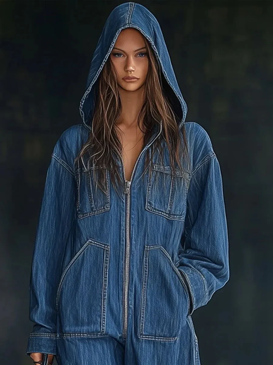 European And American Hooded Overall Jeans Women