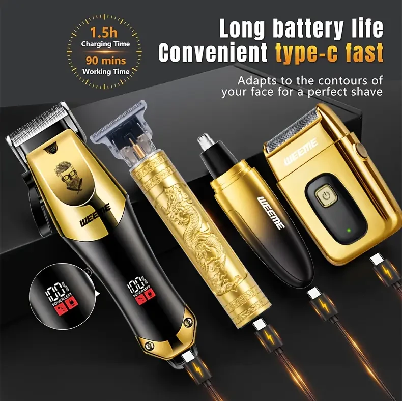 WEEME 4pcs Men’s Golden Electric Hairdresser Set – Ultimate Household Grooming Kit for Beards, Hair, and More