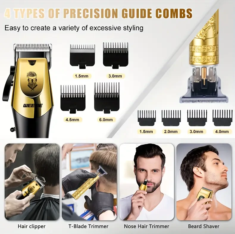 WEEME 4pcs Men’s Golden Electric Hairdresser Set – Ultimate Household Grooming Kit for Beards, Hair, and More