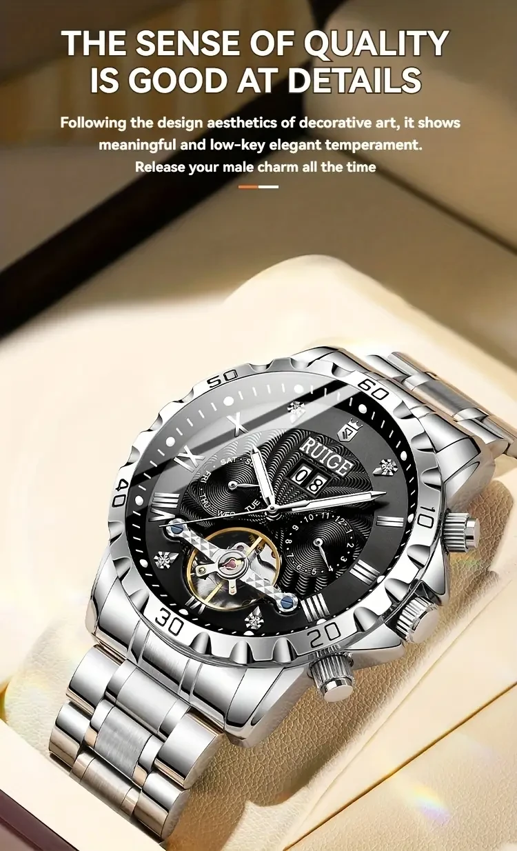 RUIGE Women's Elegant Automatic Mechanical Watch – Stainless Steel Strap, Multifunctional Design for Everyday and Formal Wear