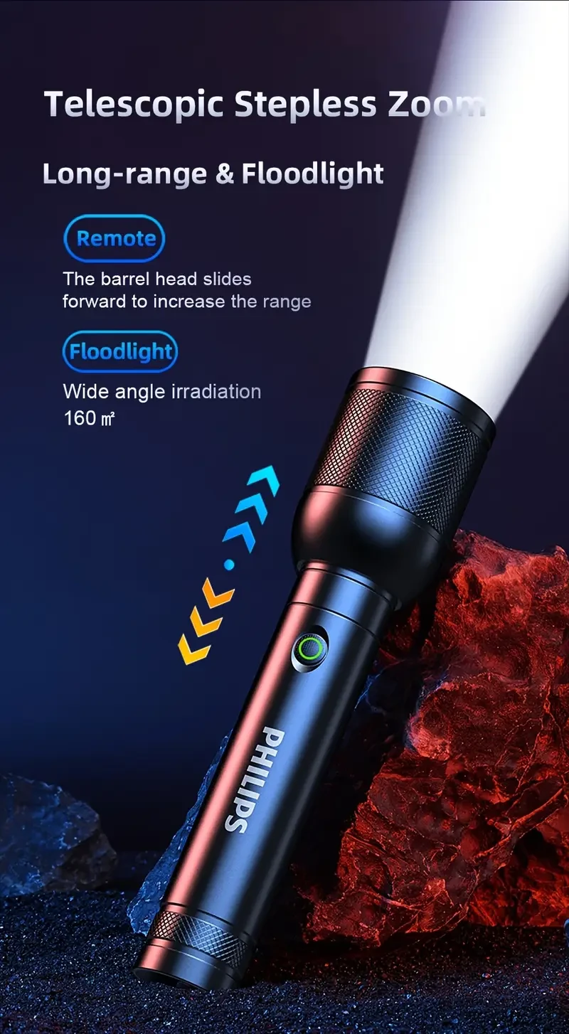 PHILIPS Enhanced Super Bright Flashlight – Zoomable Long-Range Rechargeable LED Torch