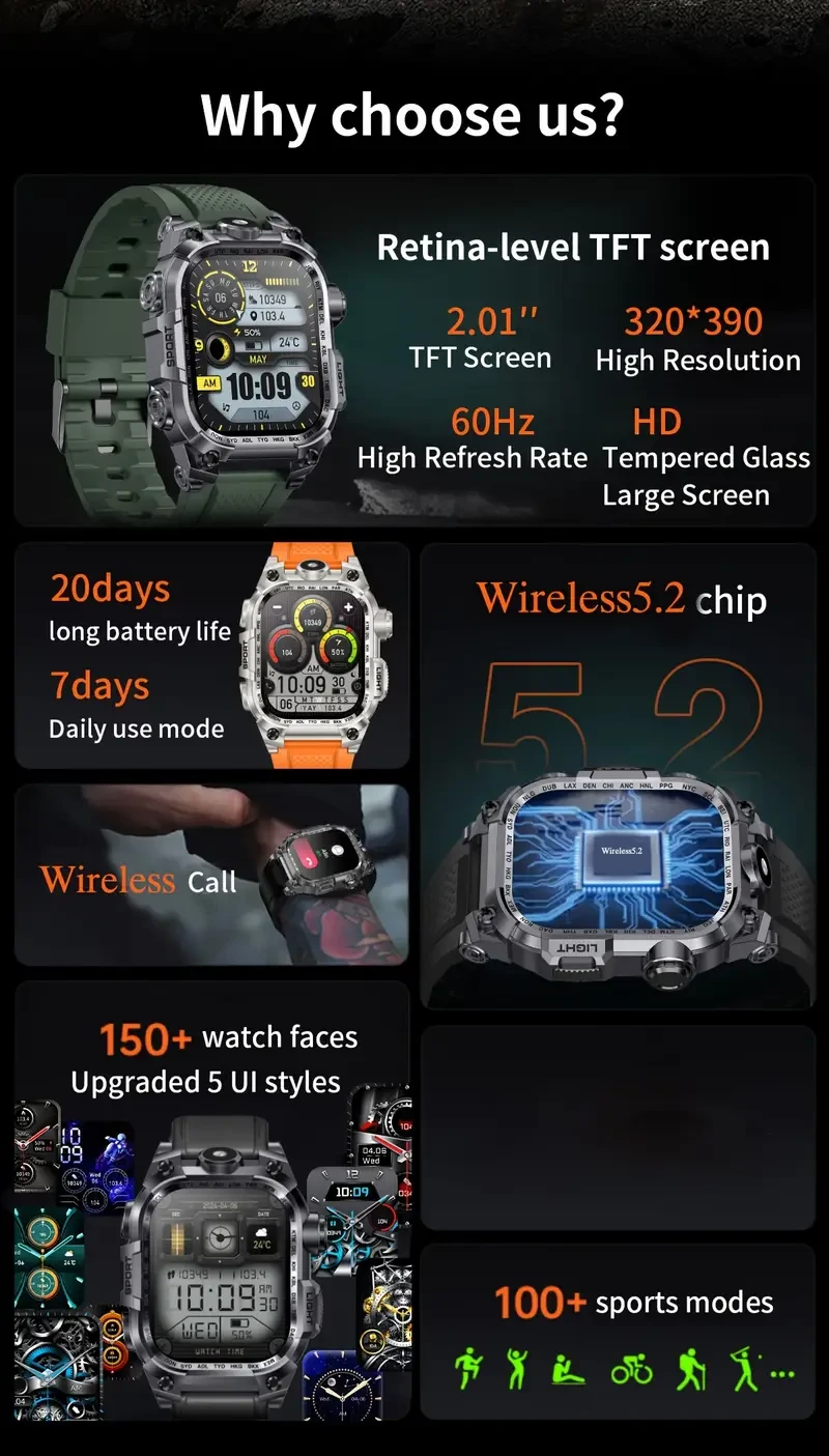 Aviwogr 2.01-Inch Outdoor Sports Smartwatch – Large Display, Fitness Tracking, and Wireless Connectivity