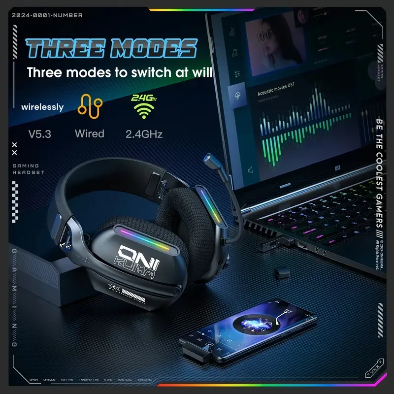 ONIKUMA 2.4G Tri-Mode Wireless Gaming Headset – Stereo Audio with Microphone for PS5, PS4, and PC