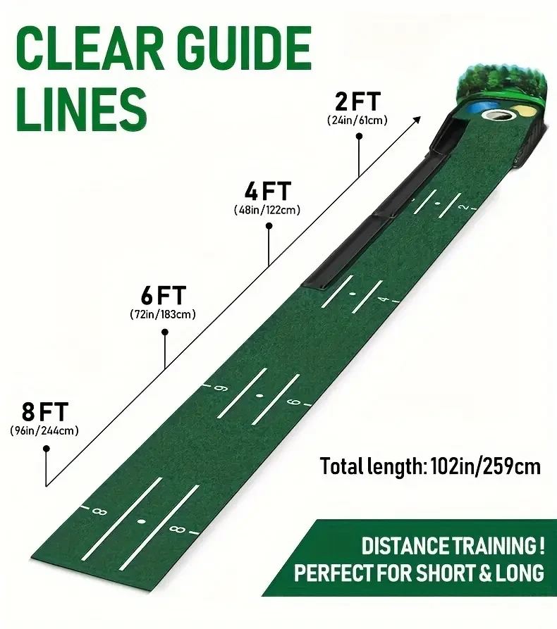 HUAEN 8ft Golf Putting Green – Indoor Practice Mat with 3D Backplate & Ball Return
