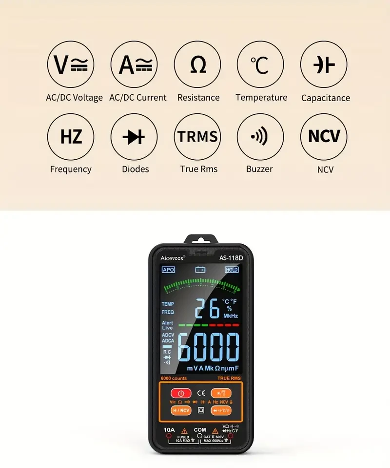 AICEVOOS Smart Digital Multimeter – Auto-Ranging Electrical Tester for Voltage, Current & Resistance
