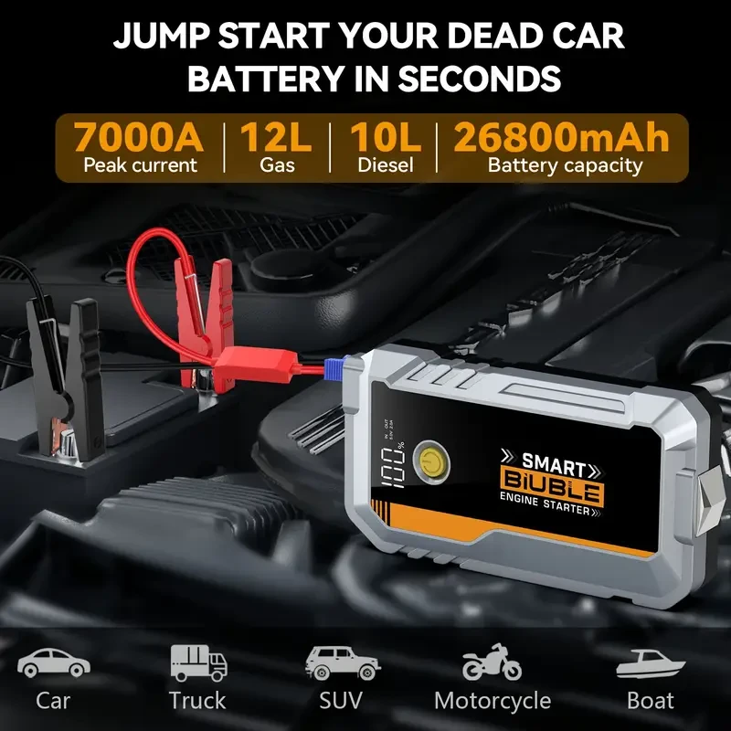 BIUBLE Portable Car Jump Starter – 7000A Peak Power Bank with QC3.0 USB & LED Emergency Light
