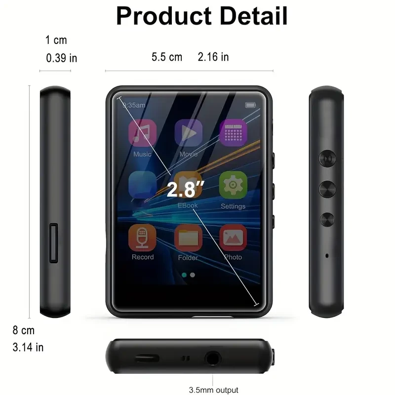 EVISTA 2.8" HD Touchscreen MP3 Player – 64GB/128GB, FM Radio, E-Book & Alarm Clock