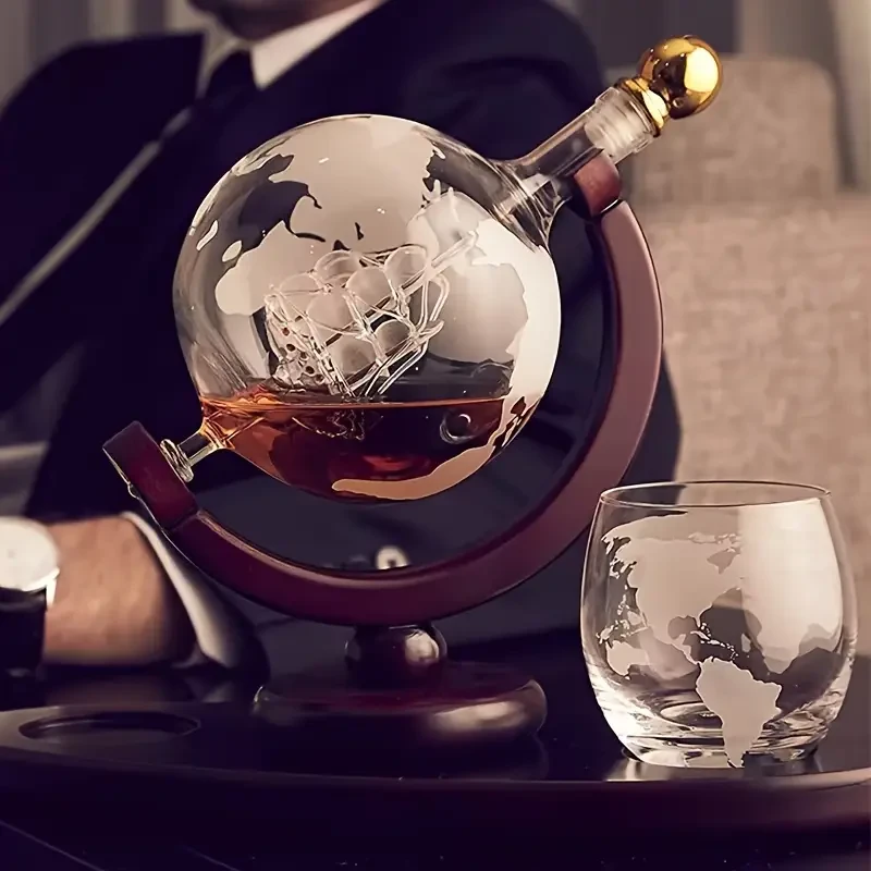 CZHOMMAGIC Whiskey Globe Decanter Set – 30oz Crystal Glass Carafe with 2 Etched Glasses (3pcs)