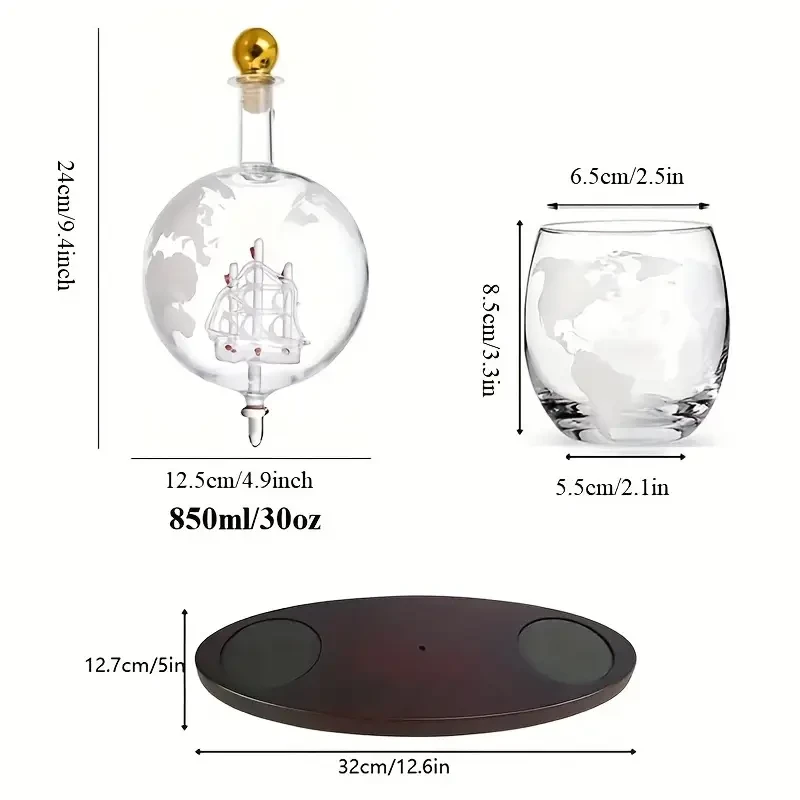 CZHOMMAGIC Whiskey Globe Decanter Set – 30oz Crystal Glass Carafe with 2 Etched Glasses (3pcs)