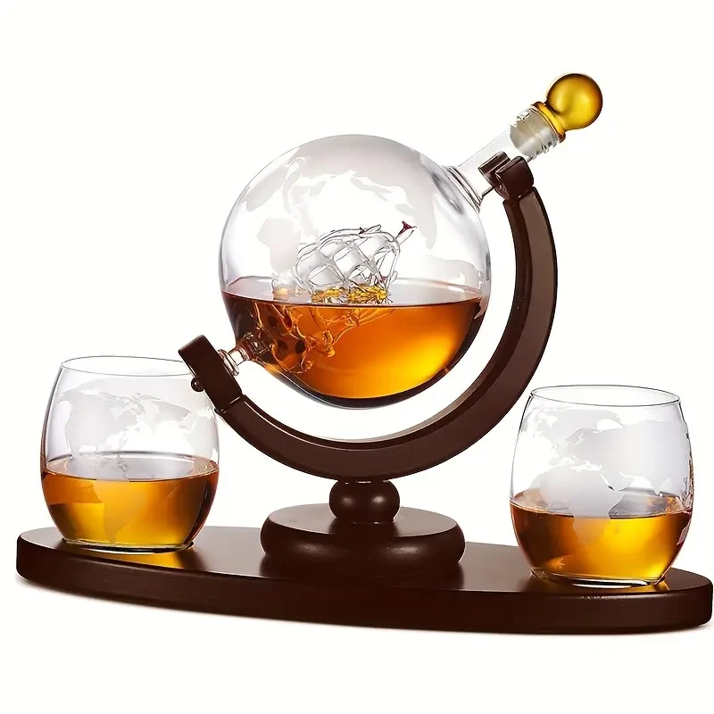 CZHOMMAGIC Whiskey Globe Decanter Set – 30oz Crystal Glass Carafe with 2 Etched Glasses (3pcs)