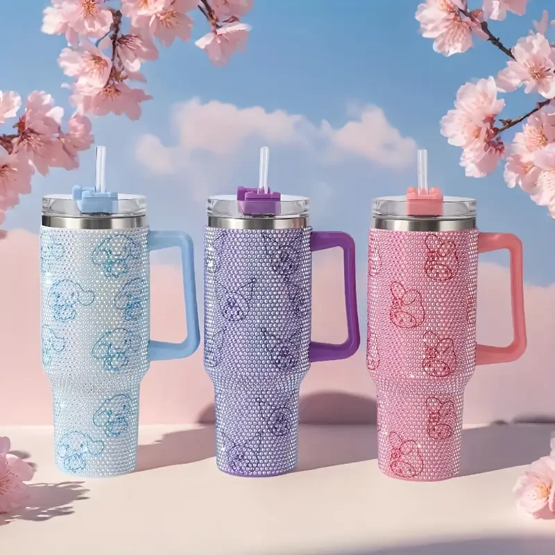 Sanrio 40oz Stainless Steel Insulated Water Bottle — Kuromi, Cinnamoroll & My Melody (Rhinestone Lid)