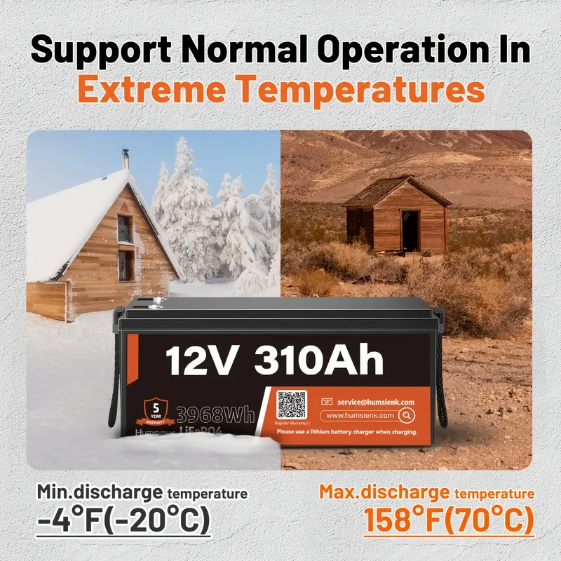 HumSienk 12V 310Ah LiFePO4 Lithium Battery — 100A BMS, Low-Temp Protection