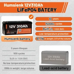 HumSienk 12V 310Ah LiFePO4 Lithium Battery — 100A BMS, Low-Temp Protection
