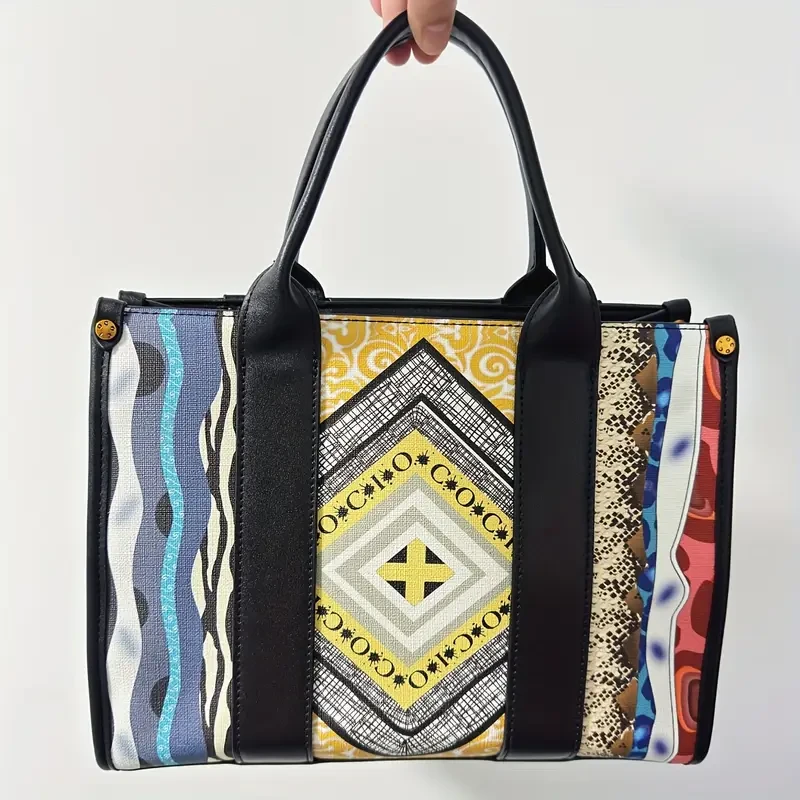 Stylish Bohemian Tote Bag with Detachable Shoulder Strap & Zipper Closure — Black Geometric Print Second-Layer Handbag (Golden-Tone Hardware, Polyester Lining)