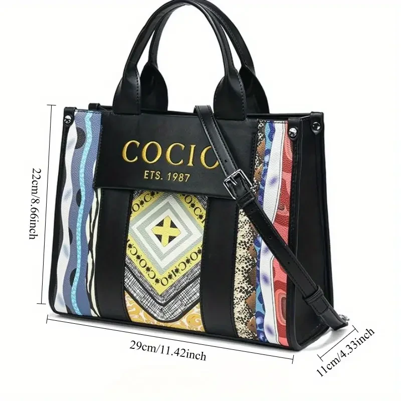 Stylish Bohemian Tote Bag with Detachable Shoulder Strap & Zipper Closure — Black Geometric Print Second-Layer Handbag (Golden-Tone Hardware, Polyester Lining)