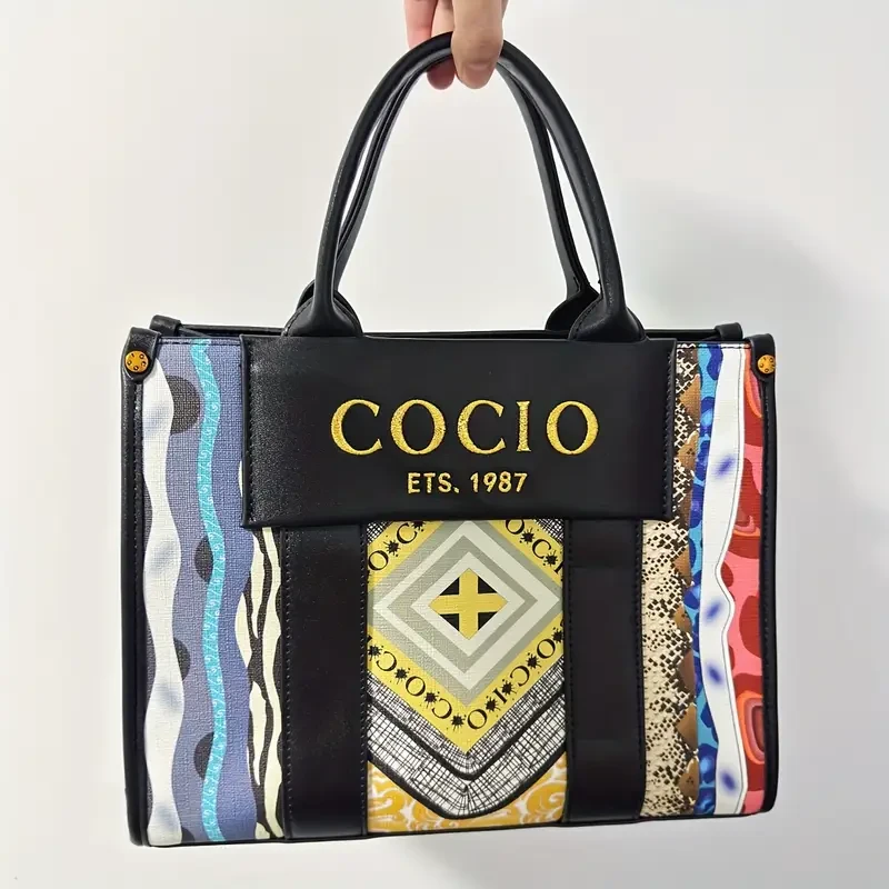 Stylish Bohemian Tote Bag with Detachable Shoulder Strap & Zipper Closure — Black Geometric Print Second-Layer Handbag (Golden-Tone Hardware, Polyester Lining)