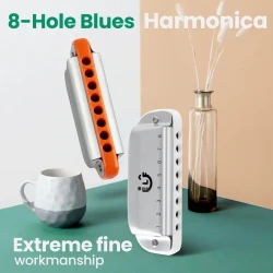 8-Hole Blues Harmonica “Conjurer” — Metal Blues Harp with Orange Accents (White)