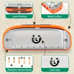 8-Hole Blues Harmonica “Conjurer” — Metal Blues Harp with Orange Accents (White)