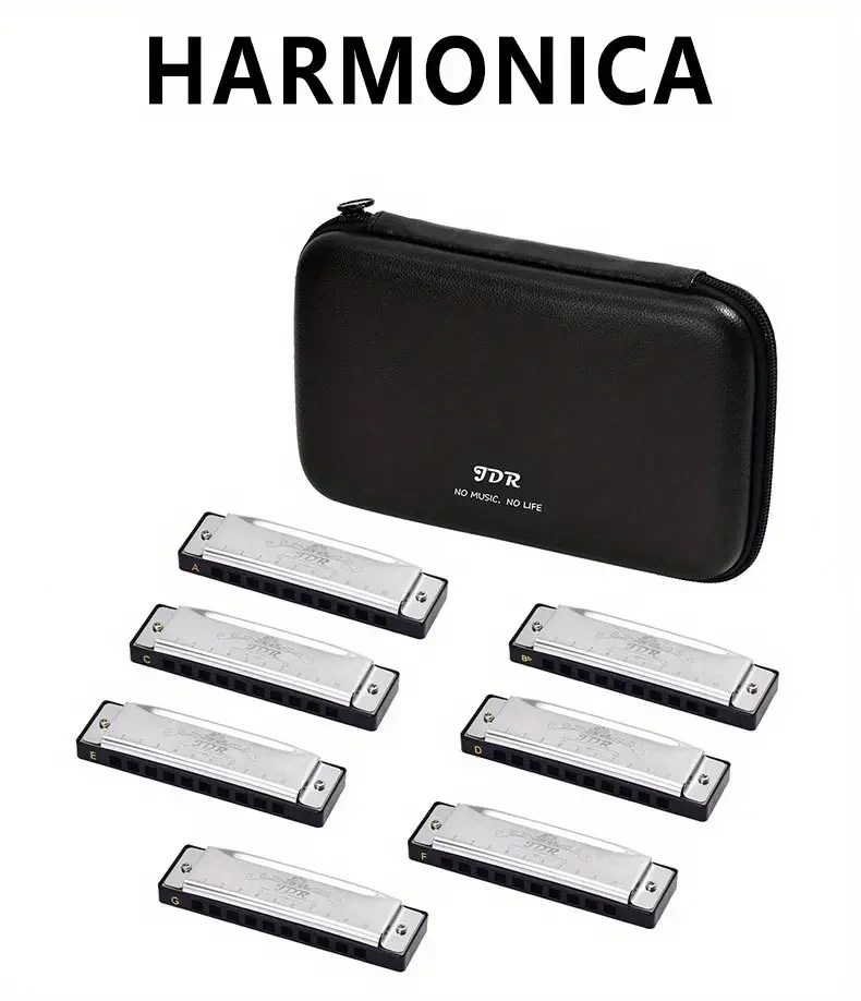 JDR 7-Piece Blues Harmonica Set — Keys C, D, E, F, G, A, Bb (10-Hole, 20-Tone) with High-End PU Protective Case