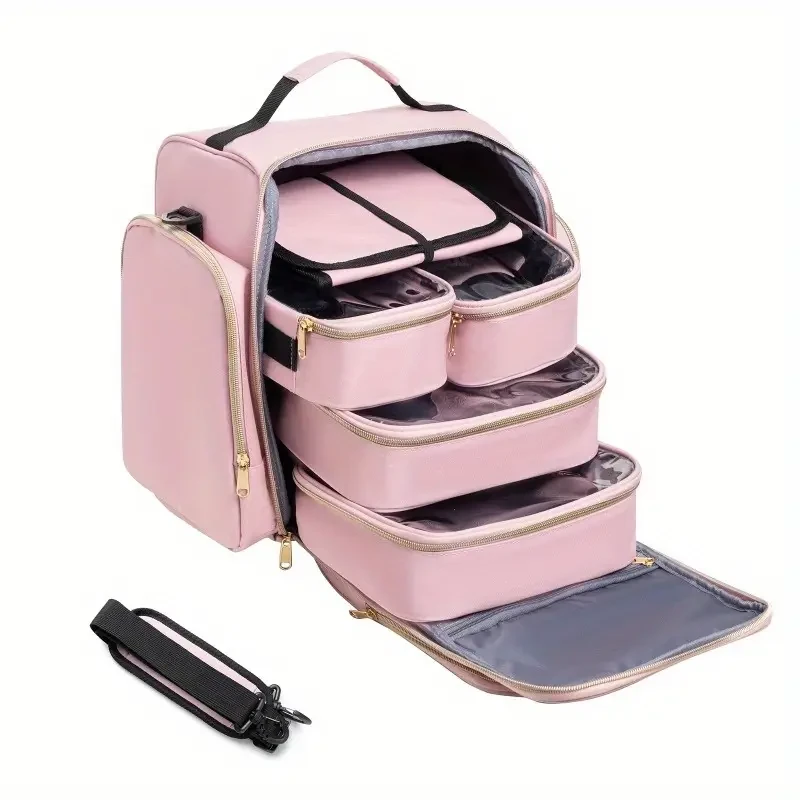 Thousand Fish Large Travel Makeup Bag Organizer — Pink & Black, 4 Removable Cases + Jewellery Roll