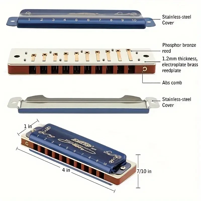 East Top Diatonic Blues Harmonica — 10-Hole, Key of C (Polished Metal, Blue) with Protective Case