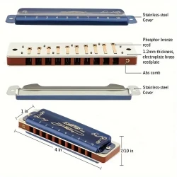 East Top Diatonic Blues Harmonica — 10-Hole, Key of C (Polished Metal, Blue) with Protective Case