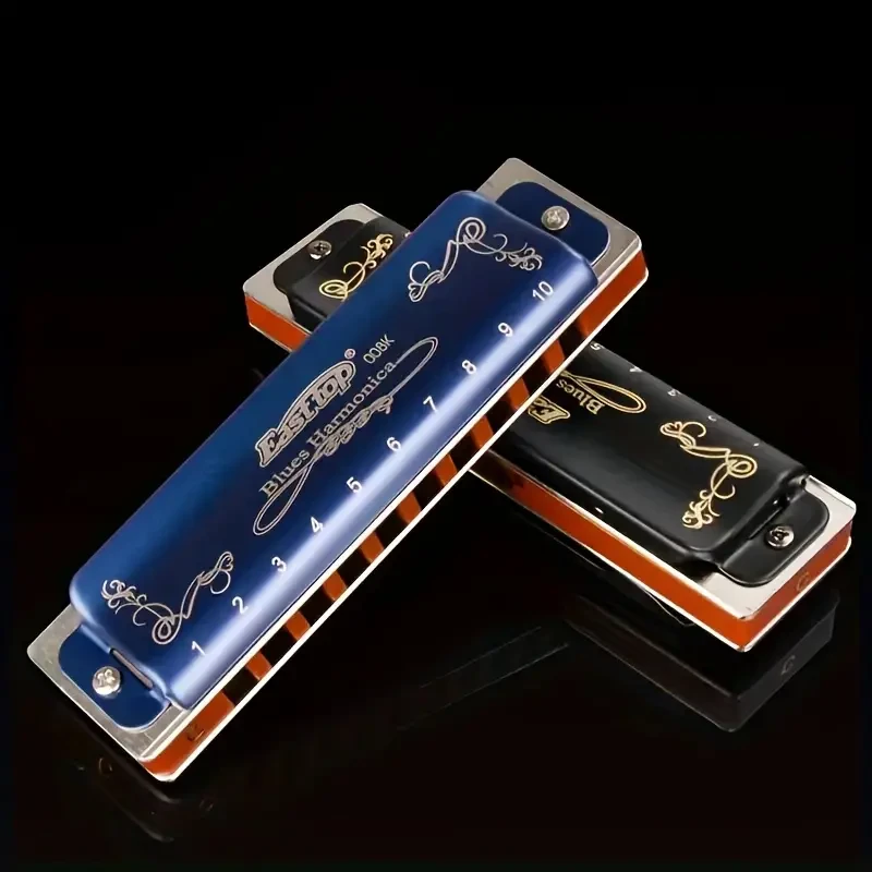 East Top Diatonic Blues Harmonica — 10-Hole, Key of C (Polished Metal, Blue) with Protective Case