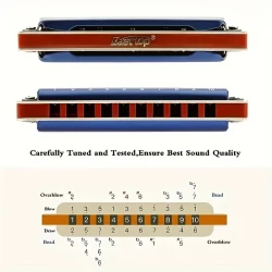 East Top Diatonic Blues Harmonica — 10-Hole, Key of C (Polished Metal, Blue) with Protective Case