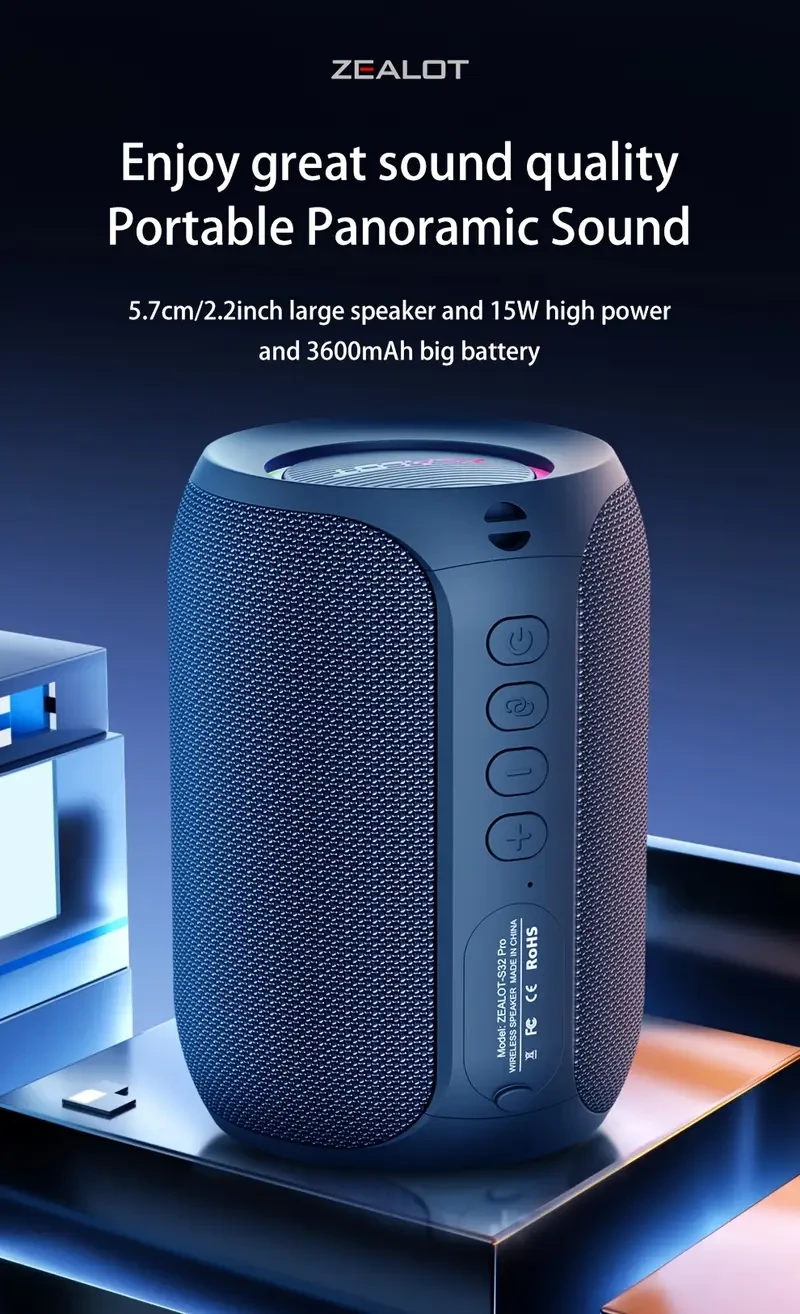 ZEALOT S32 Pro Portable Wireless Speaker — Dual Pairing, 12-Hour Battery, USB-C (Charging & AUX Cables Included)