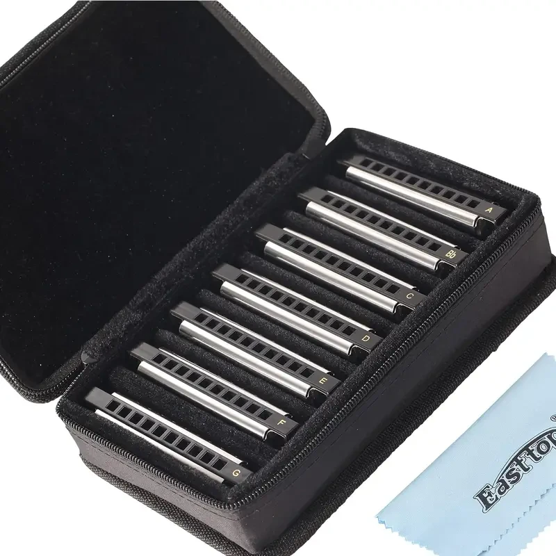 EAST TOP 7-Piece Diatonic Blues Harmonica Set — 10-Hole, Colour-Coded, Polished Metal, With Carry Bag (Adults/Pros/Gifting)