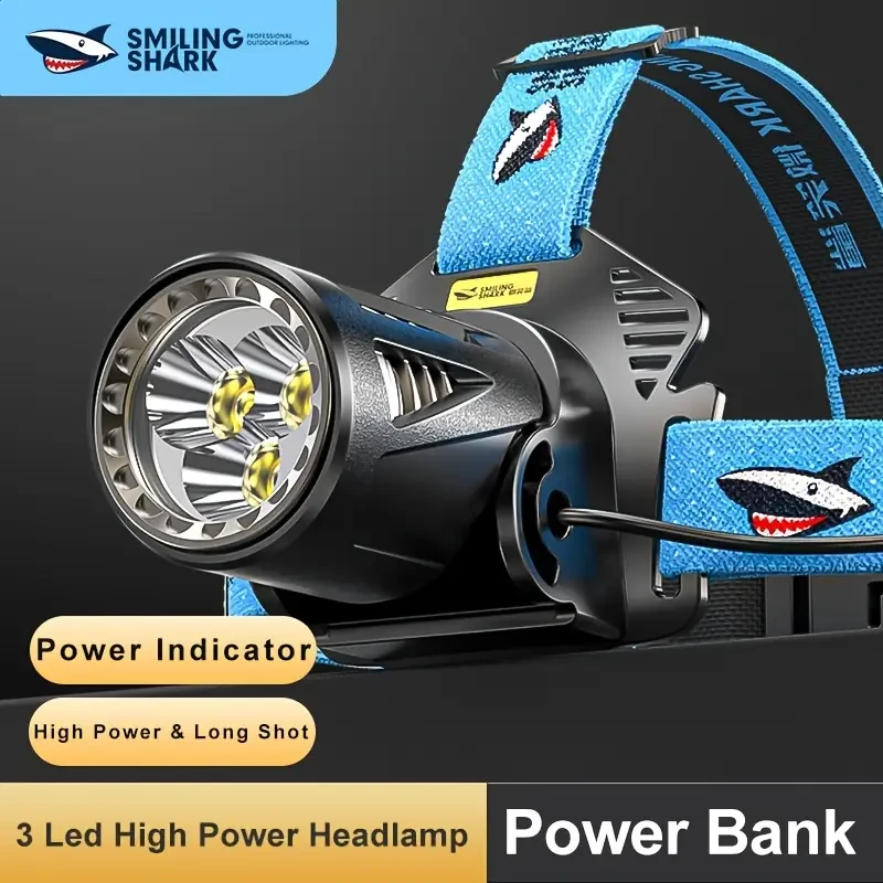 SMILING SHARK TD2003 Ultra-Bright LED Headlamp — Type-C Rechargeable, 3× M90 LEDs, Red Warning Light (ABS, USB Cable Included)